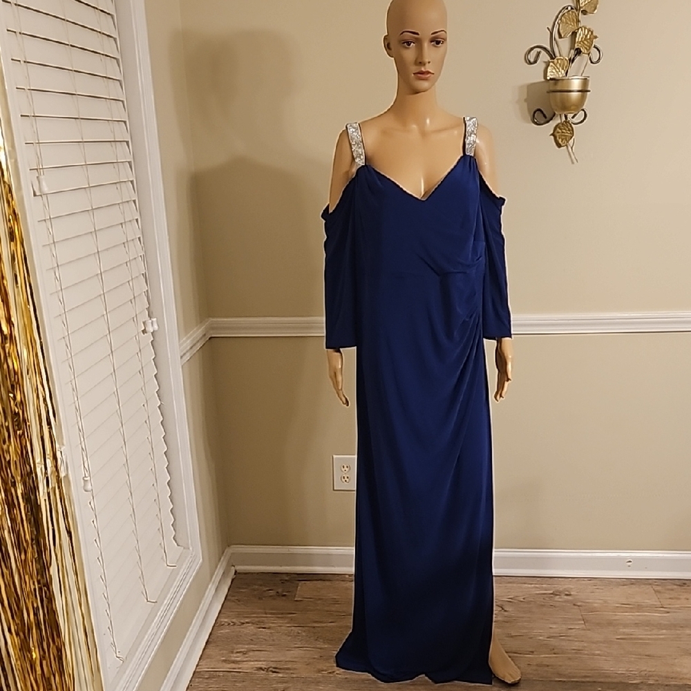 R & M Richards Royal Blue Long Sleeve Gown with Silver Straps